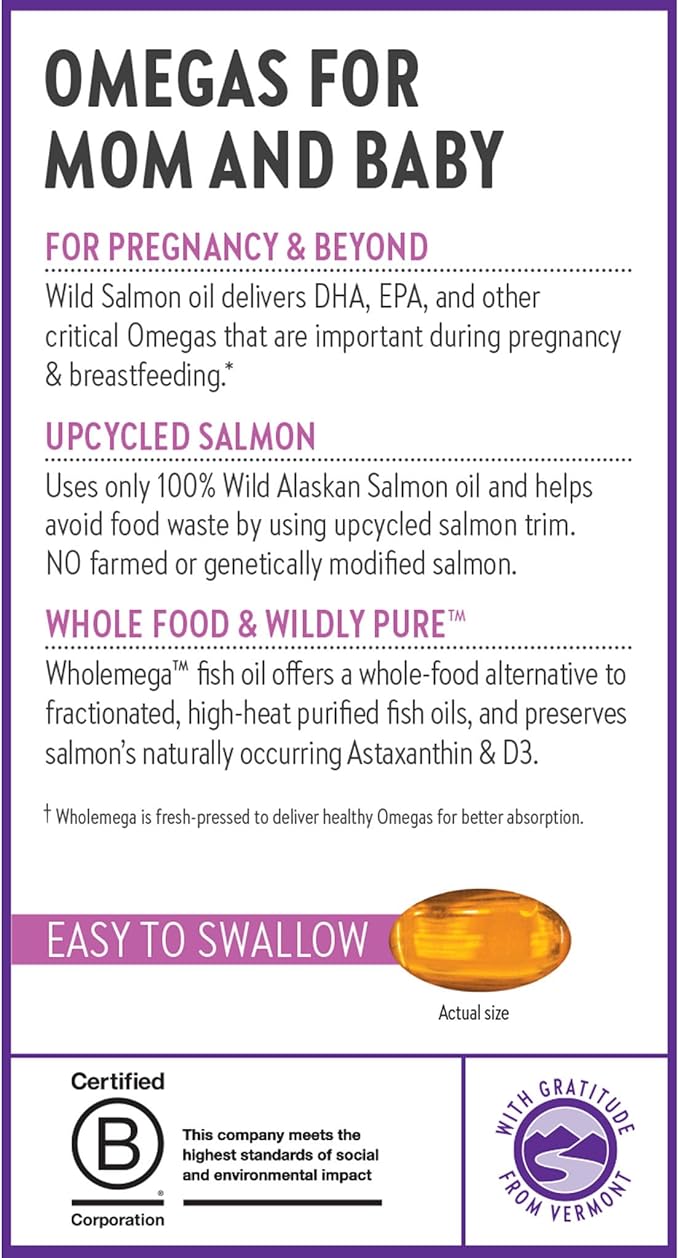 New Chapter Wholemega for Moms Fish Oil Supplement, Tiny Capsules, 2000mg per Serving, Prenatal DHA with Omega-3 + Vitamin D3 for Prenatal & Postnatal Support, 500mg Each - 90 Count