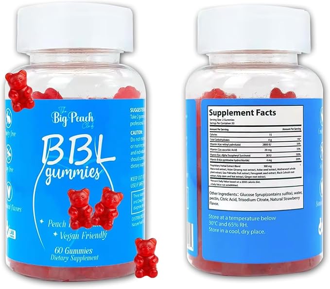 BBL Gummies for Women - Peach Growth Support with Collagen, Herbal Blend & Biotin, Fitness Multivitamins for Natural Curves, Confidence, Vegan & Cruelty Free - Natural Strawberry Flavor (60 Count)