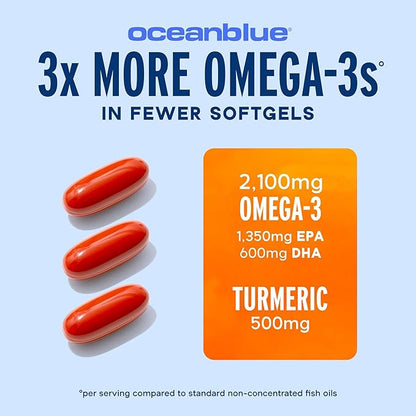 Oceanblue 2100 Triple Strength Omega-3 Fish Oil with Turmeric | Burpless Omega 3 Combo Supplement with Curcumin EPA DHA DPA| Heart and Joint Support | 60 Softgels
