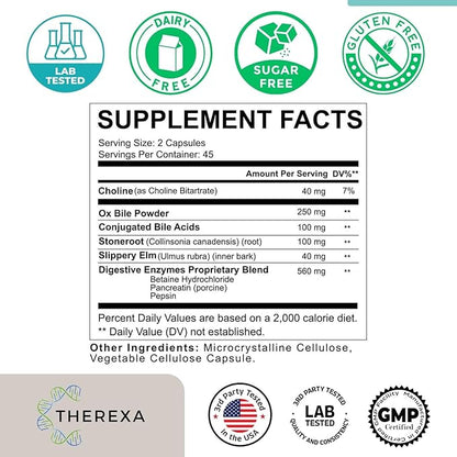 Ox Bile Supplements for No Gallbladder - Ox Bile Digestive enzymes, Purified Bile Salts, Gallbladder Supplements Complex Formula, 90 Capsules