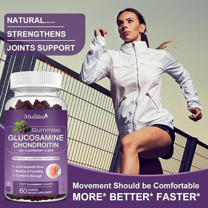 Mulittea Glucosamine Chondroitin Gummies - Extra Strength Joint Support Supplement with MSM & Elderberry for Natural Joint, Antioxidant Immune Support for Adults, Men & Women-(2 Pack)