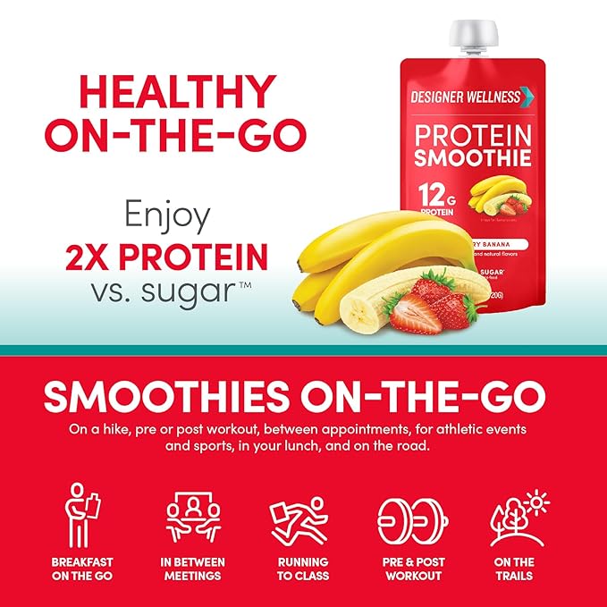 Designer Wellness Protein Smoothie, Real Fruit, 12g Protein, Low Carb, Zero Added Sugar, Gluten-Free, Non-GMO, No Artificial Colors or Flavors, Strawberry Banana, 24 Count