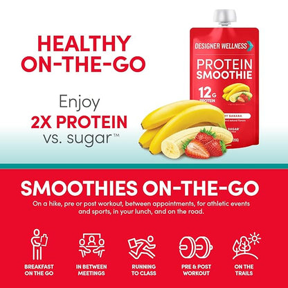 Designer Wellness Protein Smoothie, Real Fruit, 12g Protein, Low Carb, Zero Added Sugar, Gluten-Free, Non-GMO, No Artificial Colors or Flavors, Strawberry Banana, 24 Count