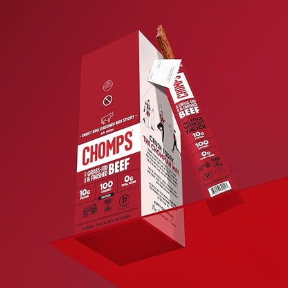 Chomps Grass-Fed and Finished Smoky BBQ Seasoned Beef Jerky Snack Sticks 24-Pack - Keto, Paleo, Whole30, 10g Lean Meat Protein, Gluten-Free, Zero Sugar Food, Non-GMO