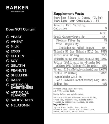 Barker Wellness Vegan B-Complex Gummies – Comprehensive Energy & Metabolism Boost with B1, B5, B6, B7 Biotin, B9 Folate, B12 | Sugar-Free Cherry Flavor for Daily Focus & Vitality