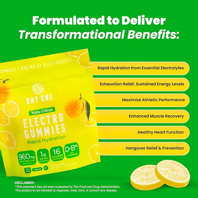 Day One Electrogummies - 60pcs. of Yuzu Citrus Flavored Electrolyte Gummies for Hydration and Recovery - Packed with Essential Electrolytes Ideal for Workouts, Running, Hiking and More