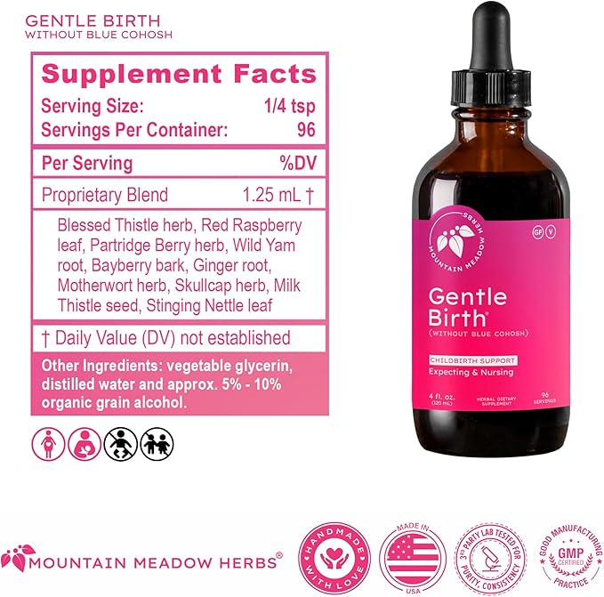 Mountain Meadow Herbs Gentle Birth for Birth Prep/Labor Prep, Fast Acting Liquid Herbal Extract for Childbirth Support w/o Blue Cohosh - 4oz