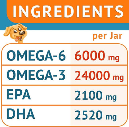 Omega 3 Fish Oil for Dogs (360Ct Peanut) - Skin&Coat Chews - Dry & Itchy Skin Relief + Allergy Support - Shiny Coat - EPA&DHA Fatty Acids - Salmon Oil Chews Promotes Heart Support