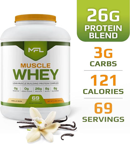 MFL Muscle Whey Protein l 28g of Protein l 8g BCAAs l Keto Friendly l Low Carbs l 5 lbs. (Vanilla Bean)
