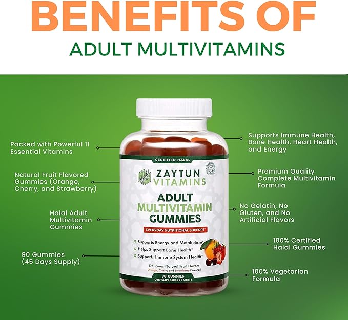 Zaytun Vitamins Halal Adult Multivitamin Gummies for Men, Women, Complete Everyday Nutritional Support with Biotin, Vegan, Natural Fruit Flavors, Non-GMO, Made in USA - Halal Vitamins