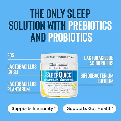 Relaxium SleepQuick Gummies - Sleep Aid + Gut Health & Immune Support, 5 mg Melatonin, Vitamin D-3 + Prebiotic & Probiotic Blend, Gluten & Drug Free, Lemon Flavor, 60 Gummies