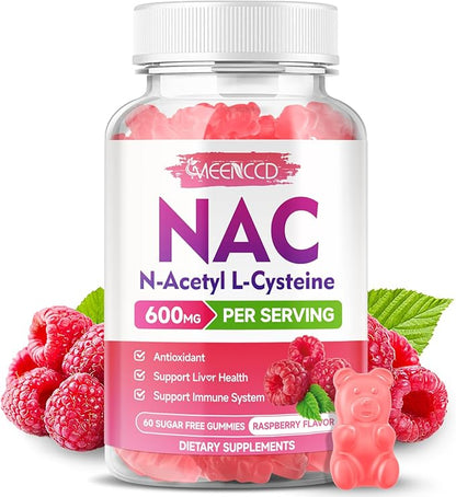 MEENCCD NAC Gummies, N Acetyl Cysteine 600mg, NAC Supplement for Antioxidants & Immune Support, Sugar-Free, Natural Raspberry Flavor, 60 Count