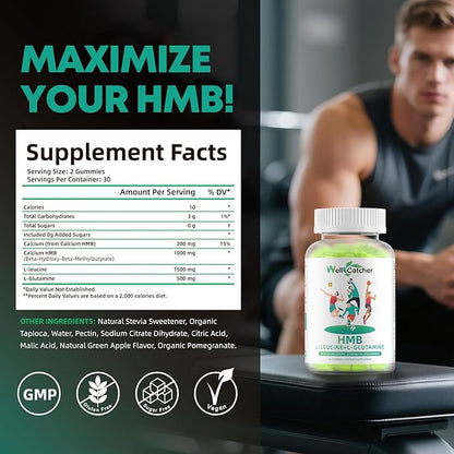 HMB and Leucine Amino Acid Gummies: HMB Supplements for Men Women with L-Glutamine for Muscle Growth Fast Workout Recovery, Sugar Free Vegan Non-GMO Green Apple Flavored 30 Day Supply