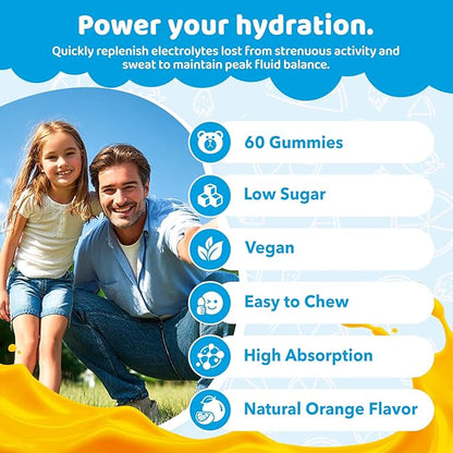 Electrolyte Gummies for Hydration, Hydration Gummies for Kids & Seniors Adults, with Potassium, Magnesium, Calcium, Sodium, Chloride for Runners and Endurance Sports, Orange Flavor, Vegan, 60 Chews
