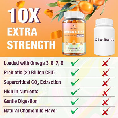 Omega 3 6 7 9 Gummies for Women - Omega 3 Supplement with Sea Buckthorn Oil, Flaxseed Oil, Vitamins E, A & Probiotics - Skin, Eye & Dryness, Chamomile Flavor - 60 Gummies