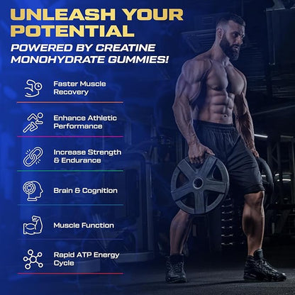 KUKALY Creatine Monohydrate Gummies for Men & Women, 9000MG Creatine Gummies Sugar Free with L-Taurine, BCAA 2:1, B12 B6 for Boost Strength, Focus & Endurance, Vegan, Non-GMO, Blueberry 120*2 Bottle