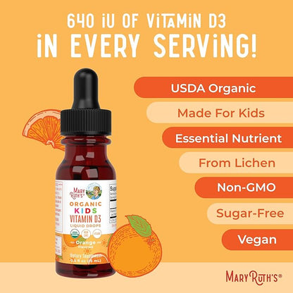 MARYRUTH'S USDA Organic Vitamin D3 Liquid Drops for Kids | 640 IU Vitamin D3 Per Serving | Kids Immune Support & Bone Health Supplement | Formulated for Ages 4-13 | 0.5oz | 30 Servings