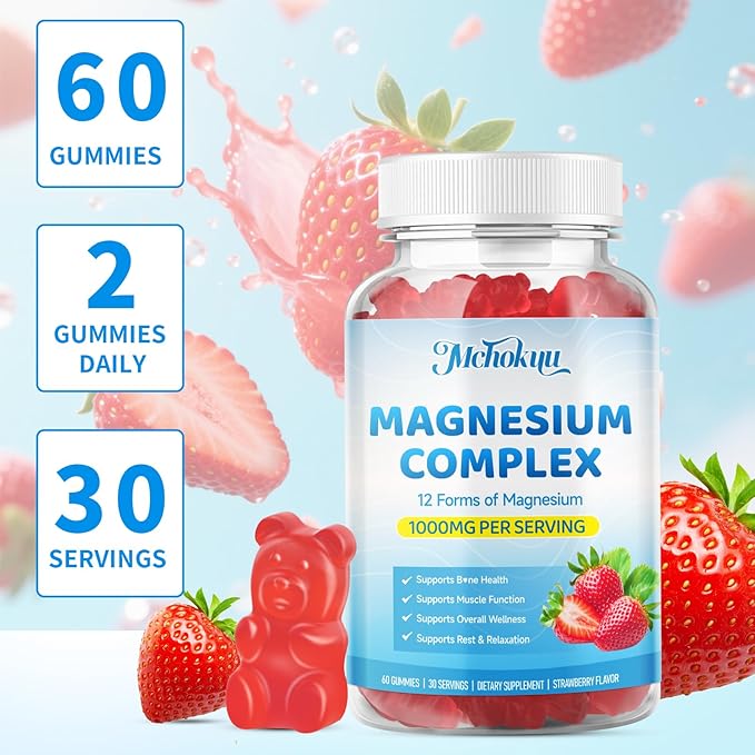 Magnesium Complex Gummies 1000mg | 12-in-1 Magnesium Complex Supplement with Glycinate, Citrate, Malate & Taurate Supports Muscle Function, Bone Health, Rest & Relaxation – Strawberry Flavor, 60 Count