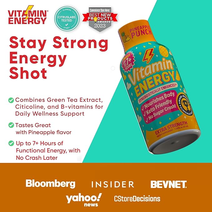 Vitamin Energy Immune+ Extra Strength Energy Shot Pineapple Punch 8 Pack, 260mg Natural Caffeine, B-Vitamins, Citicoline, Green Tea, Immunity & Focus Support, Zero Sugar, Gluten-Free 1.93 fl oz