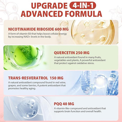 1000mg High-Potency NAD+ Liquid Supplement, Nicotinamide Riboside & Resveratrol with PQQ, Boosts Cellular Energy, Focus & Healthy Aging - 1 Pc