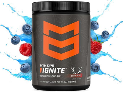 MTN OPS Ignite Sugar Free Energy Drink Powder with 200mg Caffeine, Nootropic Blend for Energy, Focus & Endurance, L Arginine & L Citrulline Pre Workout, 45 Servings, Bugle Berry