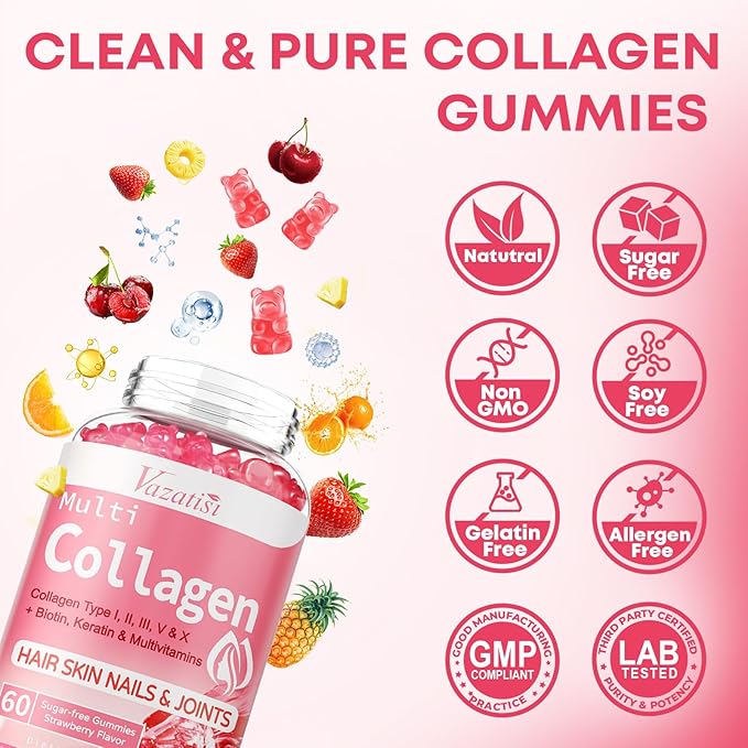 Collagen Peptide Gummies for Women & Men Sugar Free, Hydrolyzed Collagen with Biotin for Hair Skin Nails Digestion, Multi Collagen Protein Type I II III V X with Hyaluronic Acid & Vitamin C, 60 Count