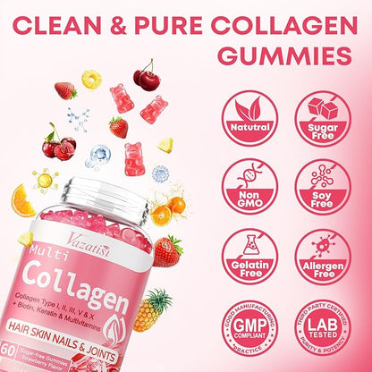 Collagen Peptide Gummies for Women & Men Sugar Free, Hydrolyzed Collagen with Biotin for Hair Skin Nails Digestion, Multi Collagen Protein Type I II III V X with Hyaluronic Acid & Vitamin C, 60 Count