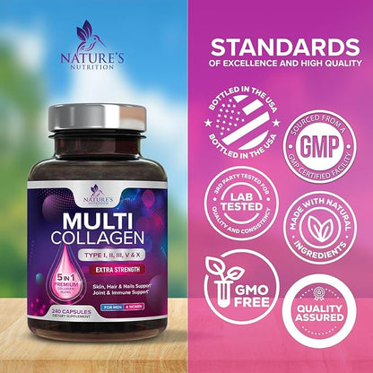 Multi Collagen Pills 2400 mg Per Serving - Advanced Types I, II, III, V, X - Hydrolyzed Multi Collagen Peptides Pills Supplement for Women & Men - Hair, Skin, & Nail Support Supplements - 240 Capsules