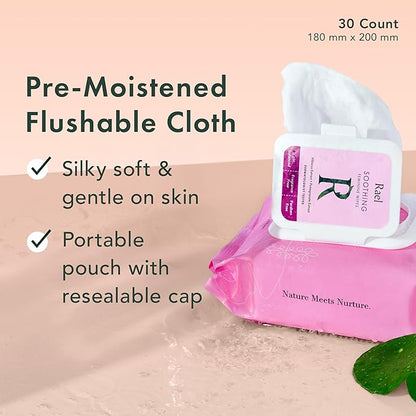 Rael Feminine Wipes, Flushable, Travel Size, All Skin Types, Daily Use (Soothing, 30 Count Pack of 3)