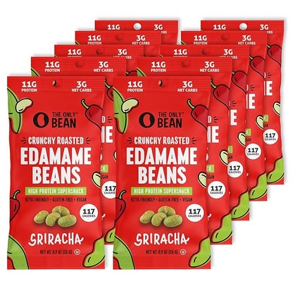 The Only Bean Crunchy Roasted Edamame Snacks Pack (Sriracha), Protein Keto Food, Gluten Free, Asian Japanese Snacks, Hot Spicy Snack, 0.9oz 10 Pack