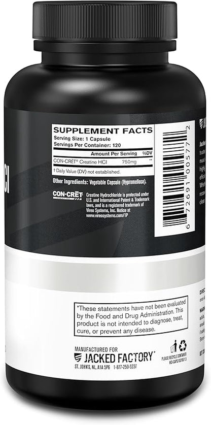 Jacked Factory Creatine HCl Capsules - CON CRET Creatine Pills 750mg - Lean Muscle Growth & Recovery, Boost Strength & Endurance, No Bloating or Cramps - 120 Capsules