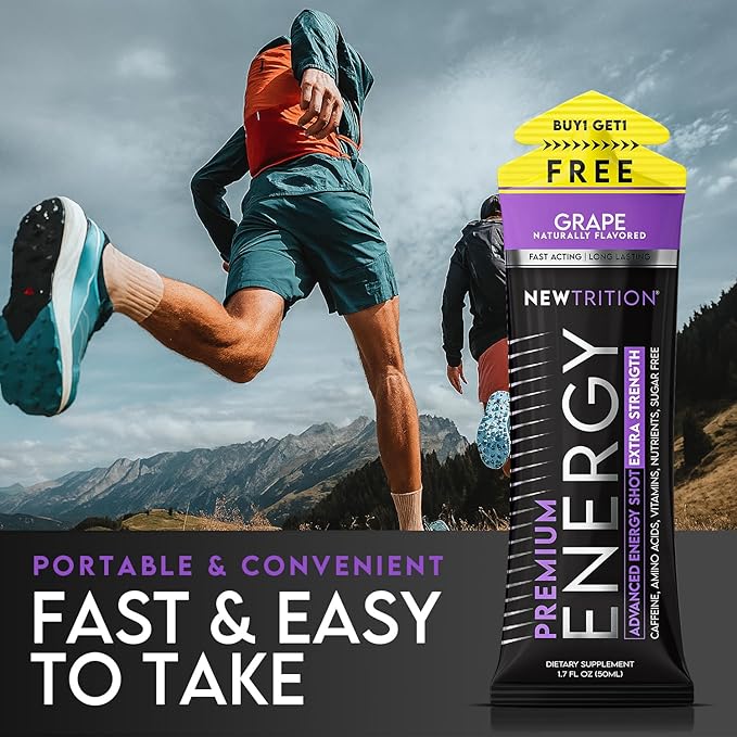 NewTrition® Extra Strength Energy Shots, 1.7 fl oz - 250mg Caffeine with Vitamin B & Amino Acids, Sugar-Free, Zero Calorie Vitamin Energy Drink for Focus & Endurance (Pack of 6, Grape)