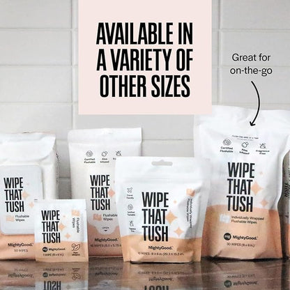 Wipe That Tush On-The-Go Flushable Wipes - 1 Pack of 30 Individually Wrapped Wipes - Fragrance Free - Extra Large & Soft - Hypoallergenic With Aloe & Vitamin E - Septic-Safe