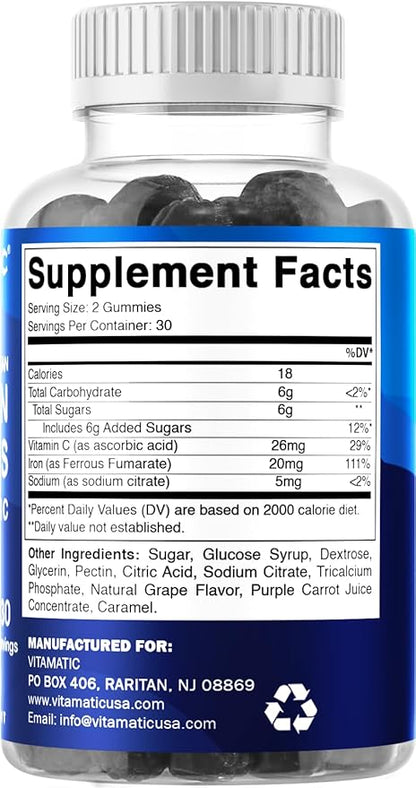 Vitamatic Iron Gummies Supplement for Women & Men - 20mg Serving - 60 Vegan Gummies - Great Tasting Iron Gummy Vitamins with Vitamin C (60 Count (Pack of 3))