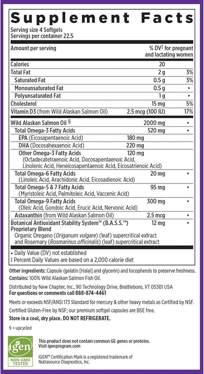 New Chapter Wholemega for Moms Fish Oil Supplement, Tiny Capsules, 2000mg per Serving, Prenatal DHA with Omega-3 + Vitamin D3 for Prenatal & Postnatal Support, 500mg Each - 90 Count