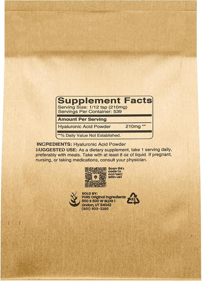 PURE ORIGINAL INGREDIENTS Hyaluronic Acid, Water Soluble, Fine Powder (4 Ounce)