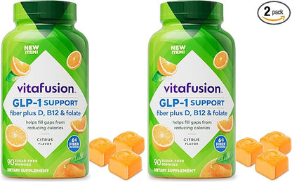 Vitafusion GLP-1 Support Fiber Plus Vitamins D,B12 and Folate Gummy Vitamins,Citrus Flavor,Sugar Free,30 Day Supply,90 Count (Pack of 2)
