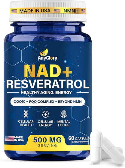 NAD+ Supplement with 500mg NR, Resveratrol, CoQ10, PQQ- 5-in-1 NAD Formula |NMN Supplement Alternative|NAD Resveratrol Support Cellular Energy & Healthy Aging-Made in USA-60 Capsules