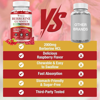 2000mg Berberine Gummies with Ceylon Cinnamon, Organic Berberine HCL Supplement for Women & Men, Sugar Free, Vegan, Non-GMO, Gluten-Free, Raspberry Flavor-60 Count