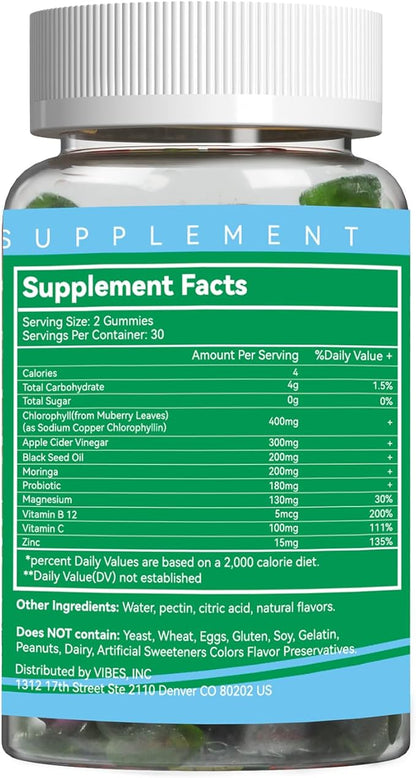 Sugar Free Chlorophyll Gummies, Vitamin B12 Zinc - Natural Deodorant*, Supports Healthy Skin & Body Detox*, Immune & Digestion Support, Chewable Chlorophyll Supplement for Women - 60 Count