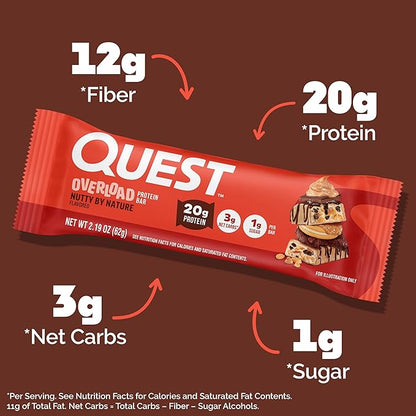 Quest Nutrition Overload Protein Bars, Nutty by Nature Flavored Protein Bars, 20g Protein, 1g Sugar, 3g Net Carbs, Gluten Free, 12 Count