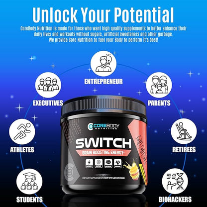 CoreBody Switch Energy Drink Mix -Nootropics Brain Support Supplement for Memory & Focus, Sugar Free Energy Booster with Nootropics, Alpha GPC, All Day Focus* (Tropical Punch)