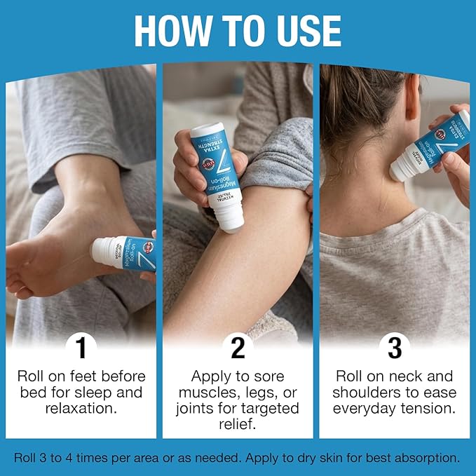 Seven Minerals Extra Strength Magnesium Roll On Stick - Pure USP Grade Magnesium for Feet, Sleep, Muscle Pain & Cramps - Fast Absorbing & Mess-Free, USA Made, 3 Fl Oz