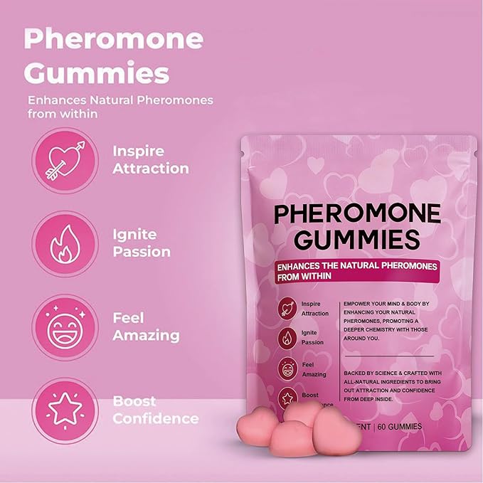 Pheromone Gummies for Women with Slippery Elm – Enhance Confidence & Attraction – Hormone Balance & Body Odor Support, Non-GMO, Gluten-Free, Vegan, Strawberry Flavor, 60 Gummies