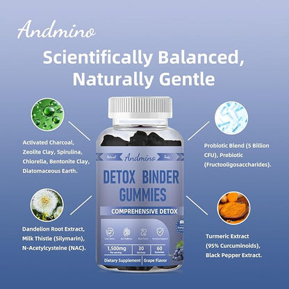 13-in-1 Detox Binder Gummies 1500mg | Activated Charcoal+Zeolite+Milk Thistle | Liver & Gut Detox Support | Non-GMO, Vegan, Gluten-Free, Grape Flavor, 60