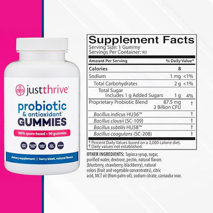 Just Thrive Probiotic Gummies - Kids, Men, and Womens Probiotic - for Digestive and Overall Health, 90 Count