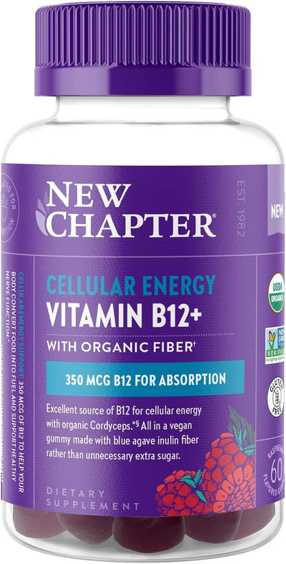 New Chapter® Organic Vitamin B12+ Gummies – 47% Less Sugar§, USDA Organic Vegan B12, Two Daily Gummies for Cellular Energy Support with Cordyceps, Non-GMO, Gluten Free, Raspberry Flavored, 60ct