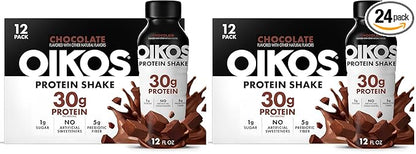 Oikos Protein Shake,Chocolate,30g High Protein Drinks,Shelf Stable,Ready to Drink,5g Prebiotic Fiber,12 fl oz Bottle,,(Pack of 24)
