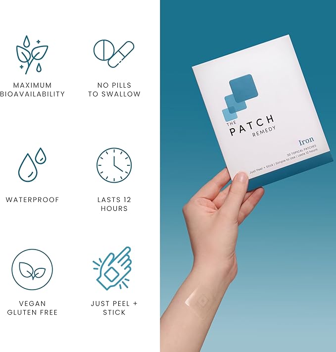 The Patch Remedy Iron Patch | Iron Bisglycinate, Vitamin C, B9 (Methylfolate), B12, Beta-Carotene, Astaxanthin | 30 Patches