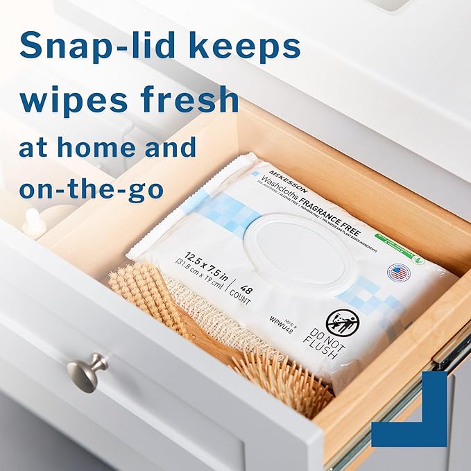 McKesson Washcloth Wipes, Unscented - Disposable Wet Wipes for Adults - Fragrance-Free, Alcohol-Free - No-Rinse Formula - Snap Lid Soft Pack, 96 Count, 6 Packs, 576 Total
